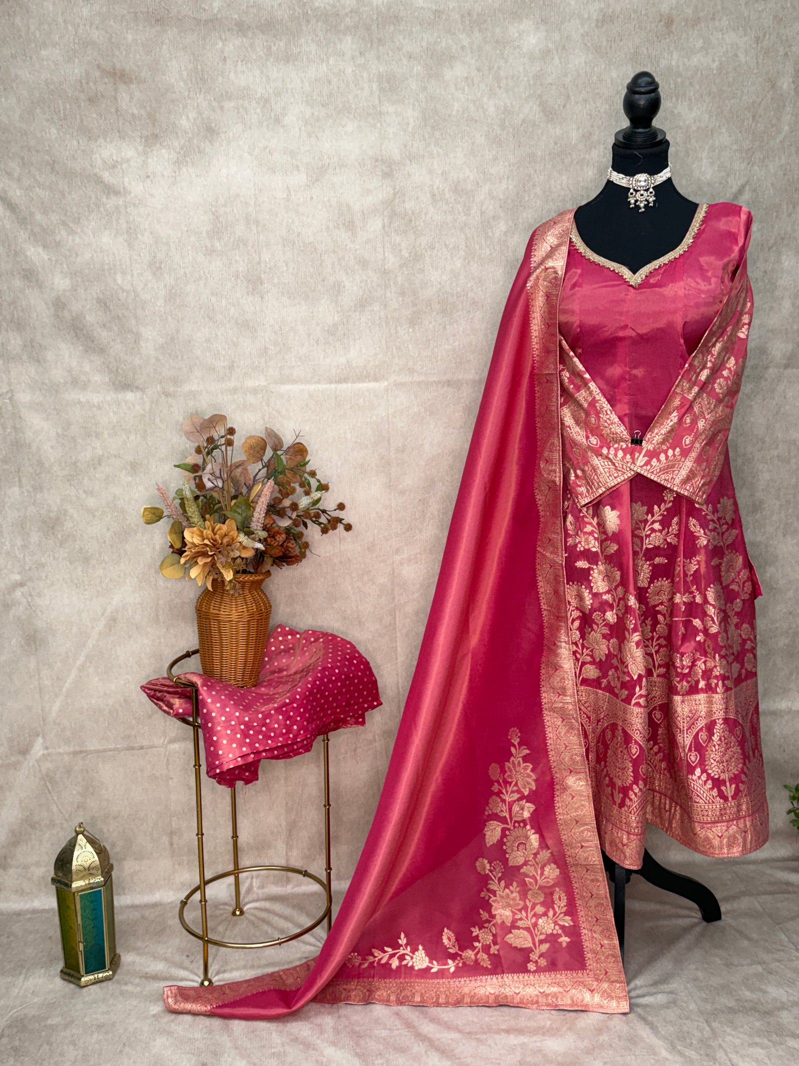 Royal Rani Pink Banarasi Anarkali Suit Set